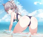  1girl all_fours animal_ear_fluff animal_ears ass bangs black_swimsuit blue_archive blue_eyes blue_sky breasts cloud commentary_request competition_swimsuit cross_hair_ornament day extra_ears from_behind grey_hair hair_ornament halo horizon looking_at_viewer looking_back low_ponytail medium_breasts medium_hair mismatched_pupils multicolored_clothes multicolored_swimsuit naba_(take_tonbo) ocean one-piece_swimsuit outdoors shiroko_(blue_archive) shiroko_(swimsuit)_(blue_archive) sky solo swimsuit water 