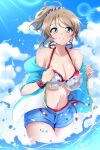  1girl bikini bird blue_eyes blue_sky breasts brown_hair cleavage cloud collarbone commentary_request day earrings floral_print highres jewelry kirisaki_reina large_breasts looking_at_viewer love_live! love_live!_sunshine!! ocean outdoors seagull short_hair short_ponytail short_shorts shorts side-tie_bikini sky smile solo swimsuit watanabe_you 