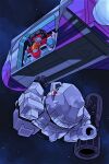  arm_cannon astrotrain chibi decepticon english_commentary falling looking_down makoto_ono mecha megatron open_hands open_mouth red_eyes robot scene_reference smile space space_shuttle spacecraft starscream transformers weapon 