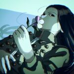  1boy black_eyes black_hair empty_eyes expressionless flower flower_to_mouth hand_on_own_stomach hand_up highres holding holding_flower hunter_x_hunter illumi_zoldyck leaf long_hair long_sleeves looking_at_viewer lying muted_color no_bangs on_back solo thicopoyo zipper 