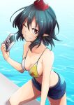  1girl adapted_costume ashiroku_(miracle_hinacle) black_hair breasts camera cleavage hat highres holding navel one_eye_closed pointy_ears red_eyes shameimaru_aya short_hair shorts smile solo tokin_hat touhou water 