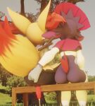  3d_(artwork) anal anal_fingering animal_genitalia animal_penis anthro armwear bench blender_(software) bodily_fluids bra braixen canine_penis clothing cum cum_drip digital_media_(artwork) dominant dominant_female dripping duo female female_fingering_male fingering genital_fluids genitals hi_res inner_ear_fluff interspecies leggings legwear male male/female nintendo outside penis pok&eacute;mon pok&eacute;mon_(species) rear_view sex sitting_on_bench sneakyphox stealth_sex stick submissive submissive_male tuft underwear video_games weavile 