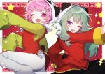  2girls :d ;d animal_ears animal_hood bangs blush bob_cut chinese_clothes commentary cosplay fake_animal_ears fake_tail fang green_hair green_shirt gumi gumi_(cosplay) hair_flaps hair_ornament hairclip highres hood kagamine_rin kagamine_rin_(cosplay) kusanagi_nene long_hair looking_at_viewer multiple_girls neck_ribbon one_eye_closed ootori_emu open_mouth panda_ears panda_hair_ornament panda_hood panda_tail panprika pants pink_eyes pink_hair pose project_sekai purple_eyes red_shirt red_vest ribbon shirt short_hair sleeves_past_wrists smile tail vest vocaloid white_pants white_ribbon yi_er_fan_club_(vocaloid) 