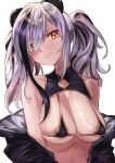  1girl adapted_costume animal_ears areola_slip arknights bangs bare_shoulders bear_ears bikini black_bikini black_hair black_jacket blush breasts cleavage closed_mouth covered_collarbone feater_(arknights) grey_hair head_tilt highres jacket kumamiya large_breasts long_hair looking_at_viewer micro_bikini multicolored_hair open_clothes open_jacket red_eyes simple_background smile solo swimsuit thick_eyebrows twintails two-tone_hair upper_body white_background 