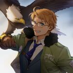  1boy ahoge america_(hetalia) animal_on_arm axis_powers_hetalia badge bird blonde_hair blue_eyes blue_necktie blue_suit buttons character_name clothes_writing collared_shirt eagle formal fur-trimmed_jacket fur_trim glasses green_jacket grin jacket littleb623 looking_at_viewer male_focus necktie official_alternate_costume shirt smile suit tie_clip 