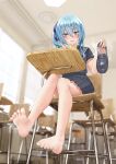  1girl absurdres alternate_costume andy2465 bangs bare_legs barefoot black_footwear black_serafuku blue_hair blurry blurry_background blush classroom commentary_request feet full_body hair_between_eyes hair_ribbon hand_up highres holding hololive hoshimachi_suisei knees_together_feet_apart legs loafers long_hair looking_at_viewer miniskirt open_mouth photo_background pleated_skirt ribbon school_uniform serafuku shadow shoes shoes_removed side_ponytail sidelocks sitting skirt smell soles solo sweat sweatdrop thighs toes virtual_youtuber 