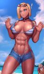 ! 1boy abs absurdres android_18 beach bikini bikini_under_clothes blonde_hair blood blue_eyes blue_sky breasts choker cleavage cloud dark_skin dragon_ball earrings eyewear_on_head fluffydus hands_up highres jewelry looking_down mountainous_horizon muten_roushi nosebleed old old_man outdoors parted_lips short_hair shorts signature sky strap_pull sunglasses sweat swimsuit tan tanlines thighs underboob 