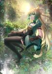  1girl animal_ears atalanta_(fate) black_dress black_gloves black_thighhighs blonde_hair bubble closed_mouth commentary dress fate/apocrypha fate/grand_order fate_(series) gloves green_dress green_eyes green_hair highres kaze_minoru_so-ru leaf lion_ears lion_tail long_hair looking_at_viewer multicolored_clothes multicolored_hair nature outdoors plant puffy_short_sleeves puffy_sleeves short_sleeves smile solo sunlight tail thighhighs two-tone_dress two-tone_hair 