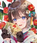  1girl bangs black_gloves blue_eyes blunt_bangs brown_hair camellia flower gloves grin hair_ornament happy highres holding japanese_clothes kimono lace lace_gloves looking_at_viewer open_mouth original red_flower sample_watermark san_mokmok05 smile smirk tassel tassel_hair_ornament teeth 