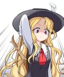 1girl ascot black_headwear black_vest blonde_hair breasts closed_mouth collared_shirt cross fedora frilled_shirt_collar frills hat hat_feather holding holding_cross jacket_girl_(dipp) long_hair long_sleeves red_ascot red_eyes shirt simple_background small_breasts solo subterranorm touhou upper_body v-shaped_eyebrows very_long_hair vest wavy_hair white_background white_shirt 
