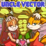  2_tails abs anthro blue_eyes brown_eyes canid canine chain clothed clothing cover cover_art cover_page cream_the_rabbit crocodile crocodilian crocodylid crossdressing dress female fox girly gloves group hand_on_another&#039;s_head handwear hi_res lagomorph leporid male male/female male/male mammal miles_prower multi_tail rabbit reptile scalie sega smile sonic_the_hedgehog_(series) trio vector_the_crocodile white_clothing white_gloves white_handwear wolfcha young 