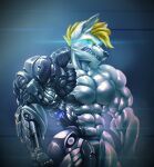  abs absurd_res angry anthro arctic_fox biceps big_muscles canid canine clenched_teeth cybernetic_arm cybernetic_eye cybernetic_leg cybernetic_limb cybernetics ear_piercing facial_piercing fangs fox hi_res machine male mammal muscular muscular_anthro muscular_male muscular_thighs nose_piercing pecs piercing rizzyofen sharp_teeth solo teeth white_body 