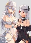  2girls azur_lane black_dress black_vs_white blue_eyes blue_gemstone breasts cleavage cuffs detached_collar detached_sleeves dress dual_persona emden_(azur_lane) flower flower_over_eye gem grey_background grey_hair hair_ornament hane_(feathe02) highres long_hair looking_at_viewer medium_breasts multiple_girls padlocked_collar red_eyes red_flower red_gemstone red_rose rose shackles simple_background white_dress white_flower white_rose 