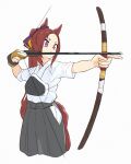  1girl absurdres animal_ears appleq archery arrow_(projectile) bow_(weapon) brown_hair commentary_request drawing_bow facing_away from_side gloves grey_hakama hakama hakama_skirt highres hip_vent holding holding_bow_(weapon) holding_weapon horse_ears horse_girl horse_tail japanese_clothes kyuudou long_hair muneate partially_fingerless_gloves purple_eyes sakura_bakushin_o_(umamusume) short_sleeves simple_background single_glove skirt solo tail umamusume weapon white_background yugake 