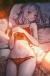  1girl bare_arms bare_shoulders bed_sheet bow bow_panties bra breasts grey_eyes hands_on_own_chest highres lace-trimmed_bra lace_trim lingerie looking_at_viewer lying medium_breasts medium_hair meoyo multi-strapped_panties navel novel_illustration official_art on_back on_bed open_mouth original panties pillow pointy_ears red_bra red_panties solo stomach string_panties thighs underwear underwear_only white_hair 
