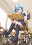  1girl absurdres alternate_costume andy2465 bangs black_footwear black_serafuku black_socks blue_hair blurry blurry_background blush classroom commentary_request feet full_body hair_between_eyes hair_ribbon hand_up highres holding hololive hoshimachi_suisei kneehighs knees_together_feet_apart legs loafers long_hair looking_at_viewer miniskirt no_shoes open_mouth photo_background pleated_skirt ribbon school_uniform serafuku shadow shoes shoes_removed side_ponytail sidelocks sitting skirt socks soles solo thighs virtual_youtuber 