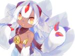  1girl afterimage animal_ears chachi_(azuzu) claws commentary_request dark-skinned_female dark_skin faputa fewer_digits hands_up leaning_forward looking_at_viewer made_in_abyss motion_blur multiple_tails open_mouth orange_eyes simple_background solo tail teeth upper_teeth white_background white_fur white_hair 