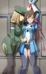  2girls arms_up black_shorts blonde_hair blue_eyes brown_hair epaulettes gloves green_headwear green_jacket green_skirt hair_ribbon hat high_ponytail highres holding_another&#039;s_wrist indoors jacket long_hair long_sleeves looking_at_another military military_hat military_uniform milla_bachtein molestation multiple_girls one_eye_closed parted_lips pink_ribbon purple_thighhighs restrained ribbon saionji_reimi short_shorts shorts skirt star_ocean star_ocean_the_last_hope thighhighs toya1s uniform white_gloves wrist_cuffs yuri 