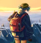  1girl backpack bag blue_hair blue_jacket blurry blurry_background brown_gloves cliff commentary cowboy_shot from_behind gloves green_headwear hair_bobbles hair_ornament hiking hood hooded_jacket jacket kawashiro_nitori long_sleeves orange_sky pointing red_bag short_hair sky solo tougou_(goodbye_tender) touhou two_side_up 