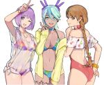  3girls alternate_costume asamiya_athena blue_eyes braid brown_eyes brown_hair dark_skin disembodied_limb isla_(kof) leg_tattoo light_blue_hair looking_at_viewer multiple_girls oni_gini oversized_clothes psycho_soldier purple_eyes purple_hair ryuuko_no_ken snk swimsuit tattoo the_king_of_fighters the_king_of_fighters_xv v yuri_sakazaki 