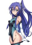  1girl blue_hair blue_leotard breasts covered_navel elbow_gloves gloves highleg highleg_leotard highres impossible_clothes impossible_leotard kazanari_tsubasa leotard long_hair looking_at_viewer one_side_up purple_eyes senki_zesshou_symphogear shiny shiny_hair shiny_skin simple_background skin_tight small_breasts solo standing sweat syunzou thighhighs thighhighs_pull white_background 