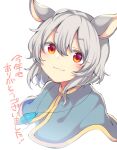  1girl animal_ears bangs blue_capelet blush capelet closed_mouth crystal eyes_visible_through_hair grey_hair hair_between_eyes jewelry long_sleeves looking_away mouse_ears nazrin necklace one-hour_drawing_challenge puffy_long_sleeves puffy_sleeves red_eyes shirt short_hair simple_background smile solo tama_(soon32281) touhou translation_request upper_body white_background white_shirt 