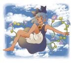  1girl :d barefoot bloomers blue_bow blue_dress blue_eyes blue_hair bow cirno cloud dot_nose dress flower hair_bow highres morning_glory open_mouth outstretched_arms short_hair sleeveless sleeveless_dress smile spread_arms tan tanned_cirno teeth toe_miyama touhou underwear upper_teeth v-shaped_eyebrows 