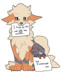  animal_focus arcanine commentary ears_down english_text fangs grin holding holding_sign mouth_hold no_humans pet_shaming pokemon pokemon_(creature) punishment sad sign simple_background sitting smile swiftfrost white_background zorua 