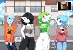  2021 big_floppa black_eyes black_hair blue_body blue_hair clothing cydia_(pearboy-ooh) detailed_background english_text eva_(pearboy-ooh) female gardevoir green_hair group hair hair_over_eye hand_in_pocket hands_behind_back hi_res humanoid looking_at_cellphone looking_at_object looking_at_phone male meme meme_clothing nintendo not_furry one_eye_obstructed open_mouth orange_eyes pearboy-ooh pearboy_(oc) pink_eyes pockets pok&eacute;mon pok&eacute;mon_(species) red_eyes shiny_pok&eacute;mon sierra_(pearboy-ooh) signature smile smug text video_games 