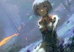  1girl ayanami_rei blue_hair bodysuit breasts closed_mouth hair_ornament highres neon_genesis_evangelion on_floor outdoors plugsuit red_eyes scenery shadow signature solo white_bodysuit zeniyan 