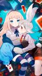  2girls :&lt; alice_(alice_in_wonderland) alice_in_wonderland angry animal_ear_fluff animal_ears aqua_background aqua_eyes bangs black_vest blonde_hair blue_bow blue_bowtie blue_hairband blue_hoodie blue_skirt blue_thighhighs blunt_bangs blurry bow bow_hairband bowtie breast_pocket brown_shorts card character_name collared_shirt depth_of_field etoha facing_to_the_side falling_petals flower grey_hair hairband highres holding holding_card hood hood_down hoodie light_blush long_hair long_sleeves looking_at_viewer looking_to_the_side multiple_girls nail_polish necktie original parted_lips petals playing_card pocket profile purple_nails rabbit_ears red_eyes red_flower red_necktie red_rose red_shorts rose shirt shirt_tucked_in short_hair shorts single_sidelock sitting skirt sleeves_past_wrists sleeves_rolled_up striped_thighhighs thighhighs two-tone_shorts vest white_flower white_rabbit_(alice_in_wonderland) white_rose white_shirt 