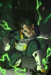  1boy absurdres armor black_hair bodysuit boots clenched_hands dragon_ball dragon_ball_super dragon_ball_super_broly electricity gloves grin highres horang4628 male_focus smile solo spiked_hair vegeta veins white_gloves yellow_eyes 