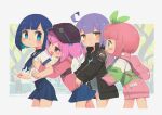 4girls :/ :d :o ahoge backpack bag bangs black_choker blue_eyes blue_hair blue_skirt blunt_bangs blush choker clenched_hands commentary cropped_legs english_commentary flat_chest flat_chest_grab from_side frown grabbing grabbing_from_behind green_eyes green_ribbon hair_ribbon hand_in_another&#039;s_pocket hands_on_another&#039;s_waist hat highres jacket long_sleeves looking_at_another multiple_girls open_mouth original outline pink_eyes pink_hair pleated_skirt porforever purple_hair ribbon school_uniform serafuku short_hair short_sleeves skirt smile triangle_mouth white_outline yellow_eyes 