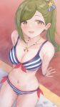  1girl :d arm_support armpit_crease bangs bare_arms bead_necklace beads bikini blush breasts brown_eyes cleavage dot_nose from_above front-tie_top gameso green_hair hair_ornament hair_ribbon highres idolmaster idolmaster_shiny_colors jewelry large_breasts leaning_back looking_at_viewer multicolored_bikini multicolored_clothes nanakusa_hazuki navel necklace red_trim ribbon side-tie_bikini side_ponytail sidelocks smile solo star_(symbol) star_hair_ornament stomach striped striped_bikini swept_bangs swimsuit thighs wet 