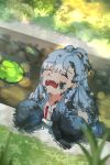  1girl absurdres blue_hair closed_eyes crying dirty dirty_clothes dirty_face grass highres hololive hololive_indonesia hood karintyas kobo_kanaeru lily_pad long_sleeves multicolored_hair open_mouth outdoors stream tears two-tone_hair water wet wet_clothes white_hair 
