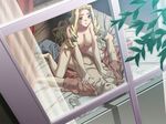  1girl bed bed_sheet blonde_hair breasts censored cowgirl_position drill_hair dutch_angle from_above from_outside game_cg girl_on_top green_eyes hetero honnou_yukari ino izayoi_no_hanayome large_breasts long_hair mosaic_censoring nude open_clothes open_shirt pillow sex sheet_grab shirt straddling window 