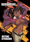  ;3 ayukawa_miyuki bandaid bandaid_on_face basquash! belt blush breasts dark_skin duplicate hairlocs highres jacket kure_(beniya) large_breasts navel nipples no_panties one_eye_closed purple_eyes pussy solo topless twintails very_dark_skin 