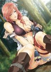  blue_eyes blush breast_slip breasts carrot_works censored cleavage day final_fantasy final_fantasy_xiii fingering fingerless_gloves forest gloves large_breasts lightning_farron masturbation midriff nature nipple_tweak nipples one_breast_out one_eye_closed outdoors panties panties_around_one_leg pussy pussy_juice self_fondle sitting solo thigh_strap underwear 
