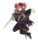  1girl alternate_costume ass asymmetrical_bangs bangs black_footwear bodysuit boots breastplate breasts cape ebinku eyebrows_visible_through_hair fire_emblem fire_emblem_echoes:_mou_hitori_no_eiyuuou flower full_body hair_flower hair_ornament highres jumping looking_at_viewer mae_(fire_emblem) medium_breasts medium_hair nintendo one_eye_closed outstretched_hand pink_hair red_eyes simple_background smile solo sword torn_cape torn_clothes twintails weapon white_background 