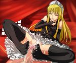  artist_request bed black_legwear blonde_hair bridal_gauntlets censored cum cum_on_body cum_on_clothes cum_on_lower_body dress ejaculation feet footjob hime_(kaibutsu_oujo) jpeg_artifacts kaibutsu_oujo long_hair naughty_face no_panties penis petticoat pov red_eyes smile solo_focus spread_legs thighhighs tiara toes very_long_hair window 