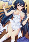  absurdres after_sex apron blue_eyes blue_hair blush bra bra_removed breasts clothes cum cum_on_body cum_on_breasts cum_on_clothes cum_on_hair cum_on_lower_body cum_on_upper_body dutch_angle facial fumio_(ura_fmo) highres hoshiuta kinoshita_midori kneehighs large_breasts lingerie long_hair long_legs lying naked_apron nipples on_back polka_dot polka_dot_bra ribbon scan socks solo stitched thigh_gap third-party_edit twintails underwear very_long_hair white_legwear 