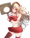  1girl alternate_costume bare_shoulders black_hairband blonde_hair blush breasts cleavage female_my_unit_(fire_emblem_if) fire_emblem fire_emblem_if hairband holding holding_sign large_breasts long_hair midriff my_unit_(fire_emblem_if) navel nekolook nintendo one_eye_closed open_mouth pointy_ears red_eyes red_skirt sign simple_background skirt solo standing thighhighs white_background wristband zettai_ryouiki 