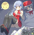  2girls absurdres bare_shoulders blush breasts christmas dress full_moon g11_(girls_frontline) girls_frontline gloves hat highres hk416_(girls_frontline) in_container in_sack looking_at_viewer medium_breasts moon multiple_girls raion_(inoueraion) sack santa_costume santa_hat silver_hair sleeping smile strapless strapless_dress thighhighs yellow_eyes 