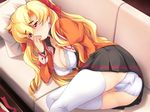  ass blonde_hair bra couch eyebrows finger_licking game_cg hagiya_masakage hair_ribbon licking lingerie long_hair masturbation mouth_hold ojousama_wo_iinari_ni_suru_game open_clothes open_shirt panties pillow red_eyes ribbon school_uniform shirt solo suwa_emiri thighhighs underwear 