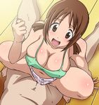  1girl :d arm_support breasts brown_eyes brown_hair butcha-u camisole cleavage clothed_female_nude_male covered_nipples cowgirl_position fig_sign from_above girl_on_top happy_sex hetero hinako_(issho_ni_training) issho_ni_training large_breasts nude open_mouth sex shorts_aside smile solo_focus squatting straddling sweat twintails vaginal 