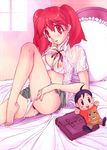  bag barefoot bed blouse bow bow_bra bra breasts censored cleavage cover doujinshi feet hinata_natsumi keroro_gunsou kobayashi_masakazu lace lace-trimmed_bra lingerie medium_breasts miniskirt open_clothes open_shirt panties panty_pull pillow red_eyes red_hair school_bag school_uniform see-through shirt sitting skirt smile solo sweat toe-point twintails underwear white_bra white_panties 
