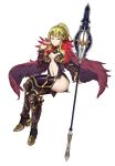  1girl absurdres alternate_costume armor armored_boots armored_dress blonde_hair boots breasts cape circlet clair_(fire_emblem) cleavage ebinku feathers fire_emblem fire_emblem_echoes:_mou_hitori_no_eiyuuou full_body high_heel_boots high_heels highres invisible_chair legs_crossed long_hair looking_at_viewer medium_breasts nail_polish navel navel_cutout nintendo polearm ponytail purple_legwear red_nails simple_background sitting smile solo spear thigh_boots thighhighs thighs weapon white_background yellow_eyes 