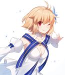  1girl alternate_costume antenna_hair archetype_earth arcueid_brunestud bangs blonde_hair blue_flower blush breasts cleavage closed_mouth collarbone commentary detached_sleeves dress fate/grand_order fate_(series) flower hair_between_eyes hair_flower hair_ornament looking_at_viewer medium_breasts nemu_mohu official_alternate_costume one_eye_closed outstretched_arms red_eyes short_hair single_hair_intake smile solo spread_arms strapless strapless_dress tsukihime tsukihime_(remake) upper_body white_background white_dress white_sleeves 