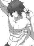  1boy ahoge arm_up collarbone dripping grey_background greyscale hair_over_one_eye half-closed_eyes highres holding holding_hair kengan_(series) kengan_ashura male_focus medium_hair messy_hair monochrome muscular muscular_male navel parted_lips signature simple_background solo sunsirou sweat tokita_ouma topless_male tying_hair 