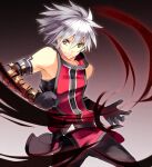  1boy arm_belt aura bare_shoulders belt belt_buckle black_gloves blazblue brown_belt buckle closed_mouth dark_aura elbow_gloves eyes_visible_through_hair gloves gradient gradient_background green_eyes grey_hair hair_between_eyes heterochromia male_focus qitoli ragna_the_bloodedge red_eyes smile solo v-shaped_eyebrows younger 